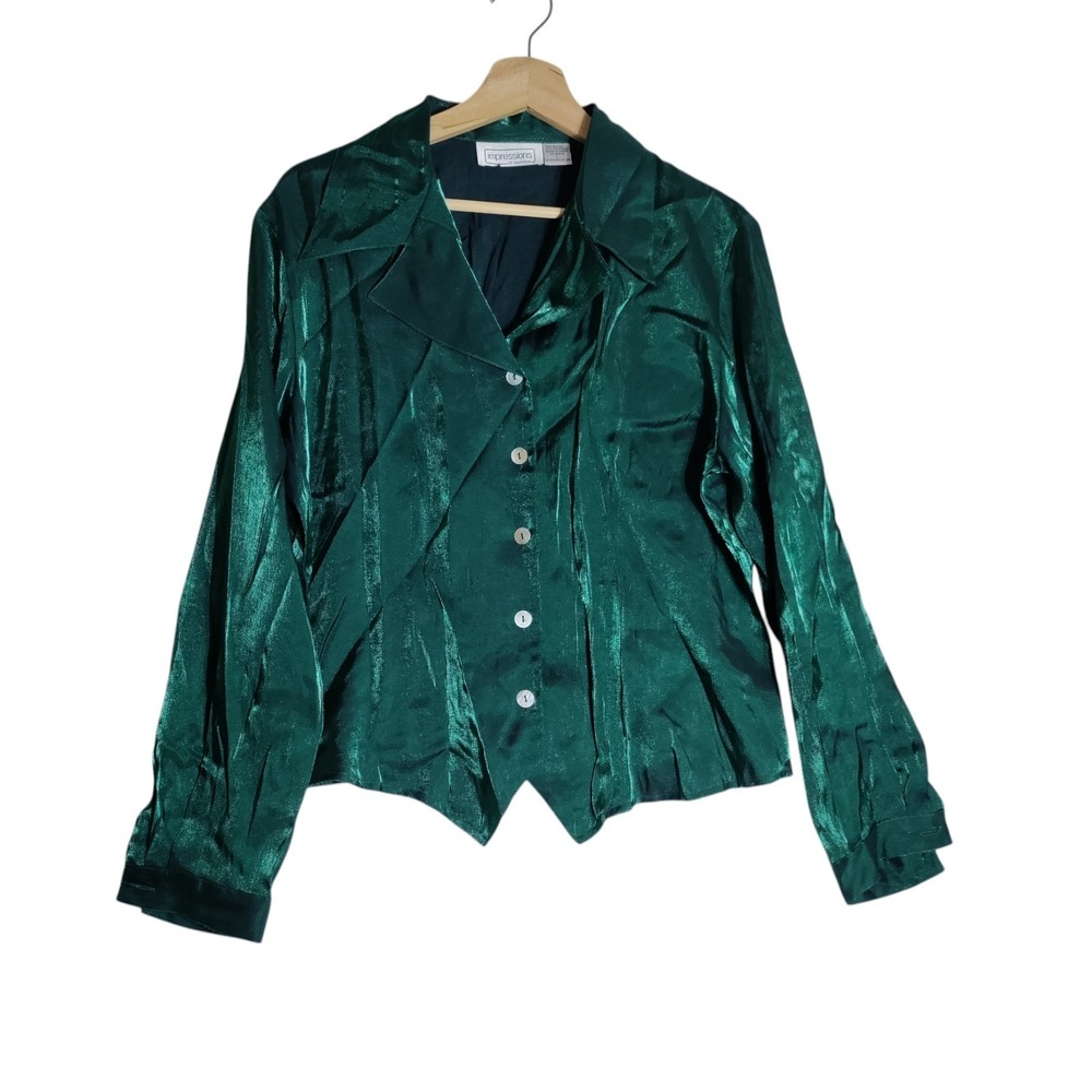 Vintage Impressions‎ Emerald Green Shimmer Button Front Blouse Size Large